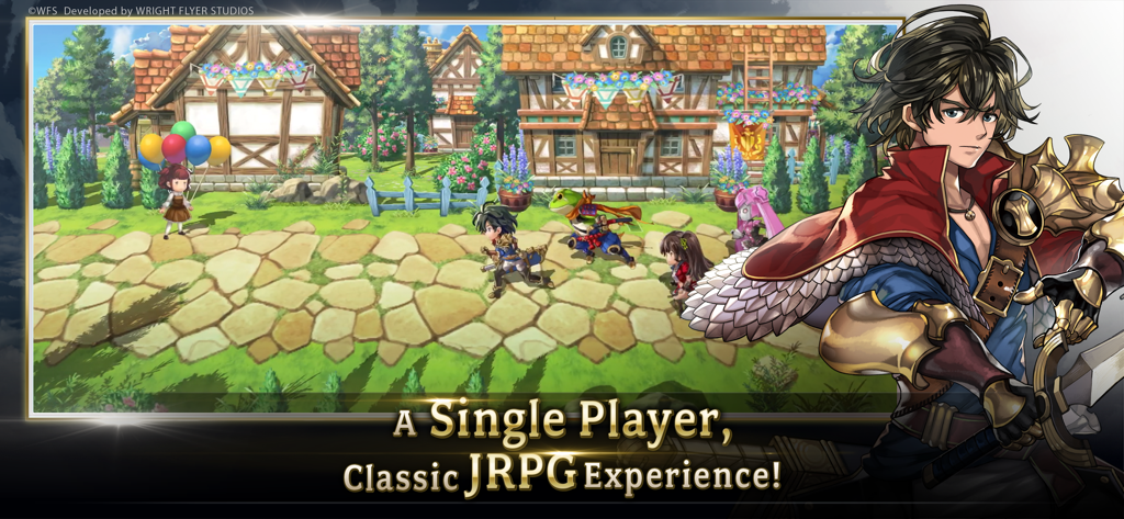 Screenshot del gioco Another Eden con un gruppo di personaggi in una città fantasy 2D con un testo sovrapposto che lo descrive come un'esperienza JRPG classica per giocatore singolo