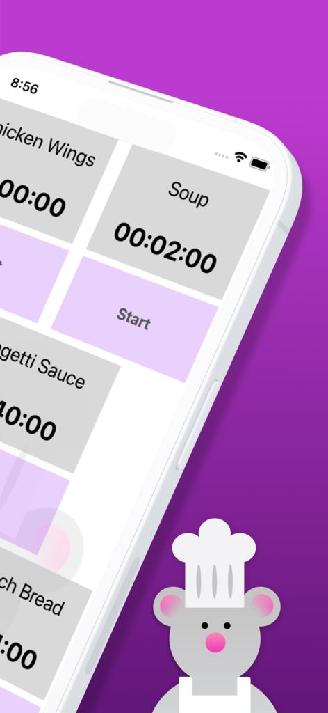 Sous Chef Pro: Timers & Tools - Sous Chef Proアプリのインターフェースには、スープやチキンウィングなどのさまざまな料理のための複数の調理タイマーが、シェフのマウスのマスコットの隣に表示されています