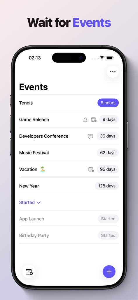 The events list screen of the Waitee app showing countdowns for various upcoming occasions in a minimalist style.