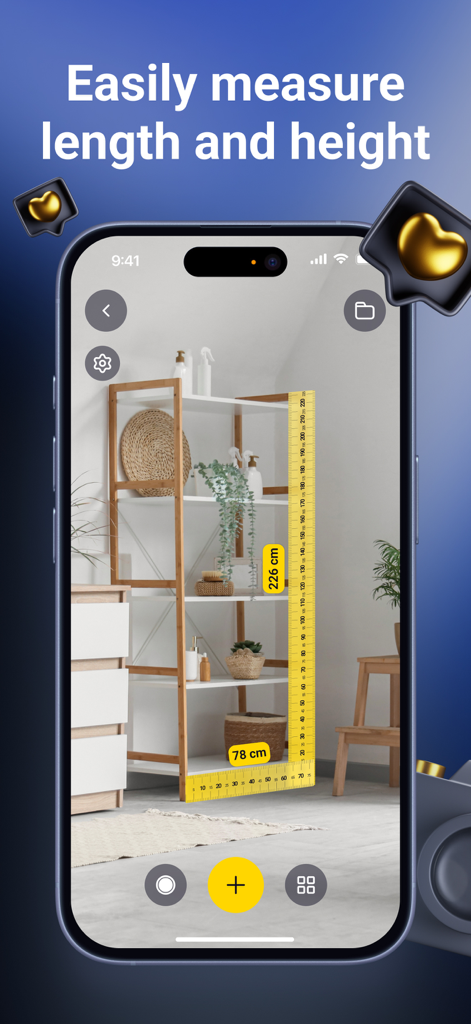 Ruler App: AR Tape Measure cm - Aplicación de regla AR midiendo la altura y longitud de un estante en un smartphone