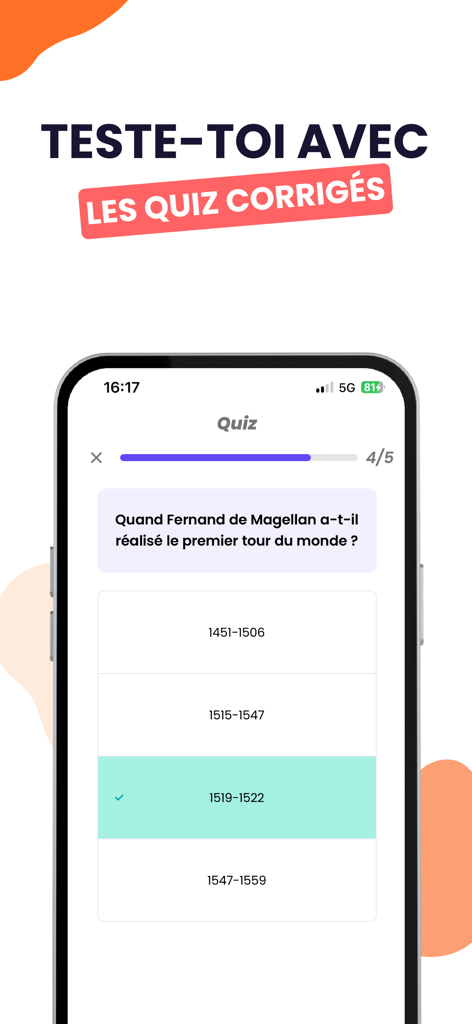 Brevet Bac Licence 2025 Nomad - Interface d'application mobile présentant un quiz d'histoire à choix multiples avec une question sur Ferdinand Magellan.