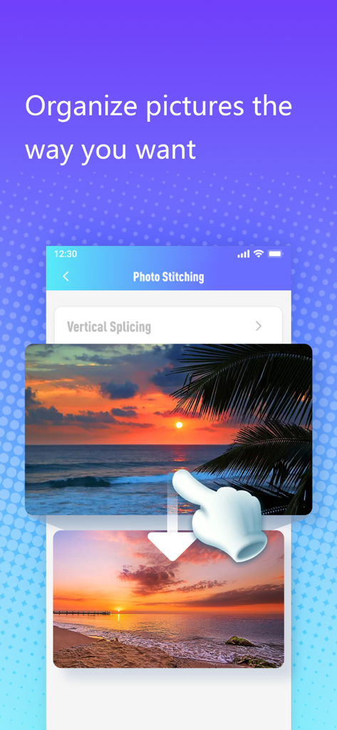 Interface of Castly plus app showing vertical photo stitching feature with sunset images