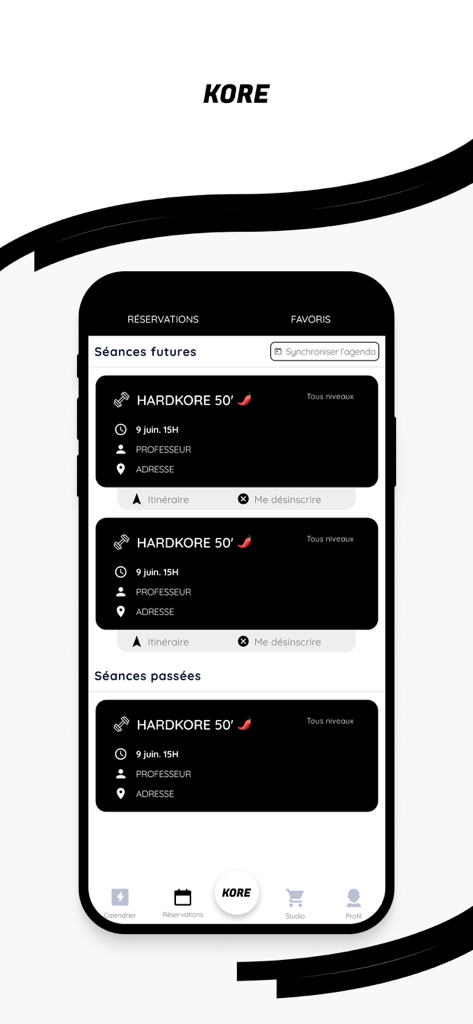 KORE STUDIOS - Interfaz de la aplicación móvil KORE STUDIOS que muestra las próximas y pasadas reservas de clases de fitness