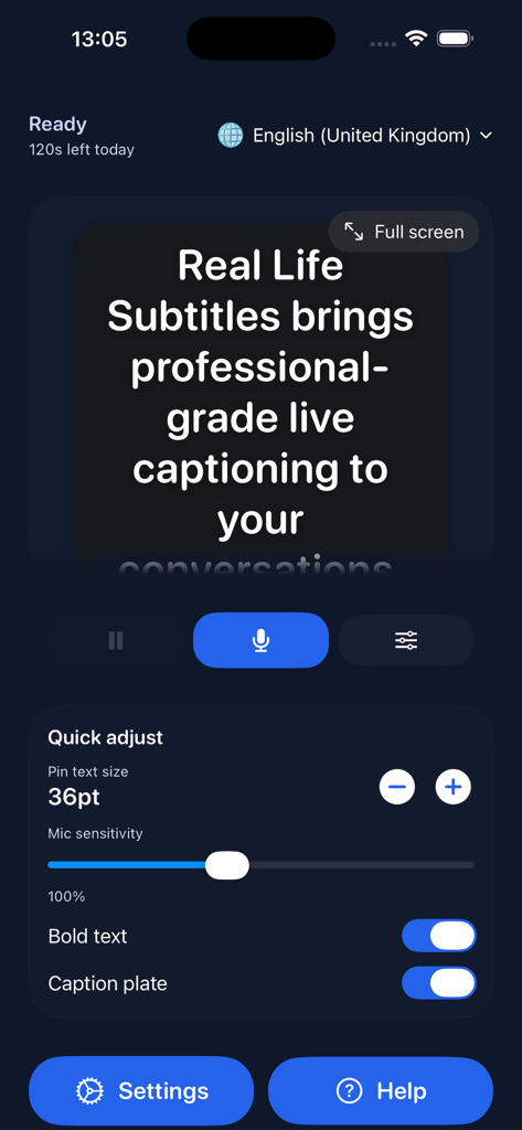 Impostazioni rapide nell'app Live Transcribe Pro che mostrano i controlli per le dimensioni del testo e la sensibilità del microfono