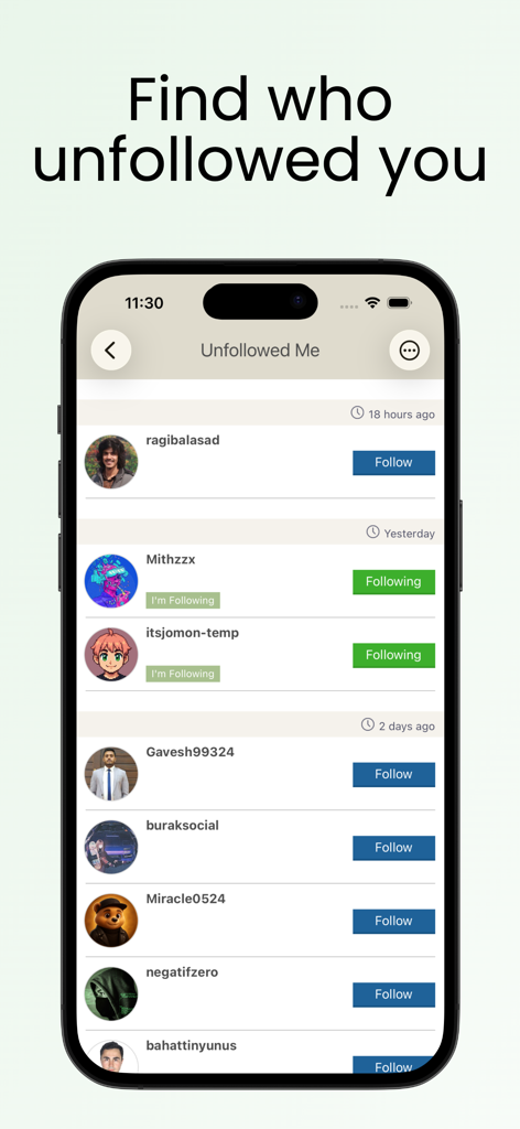 Una pantalla móvil de Followers Pro que muestra una lista de usuarios que recientemente dejaron de seguir la cuenta
