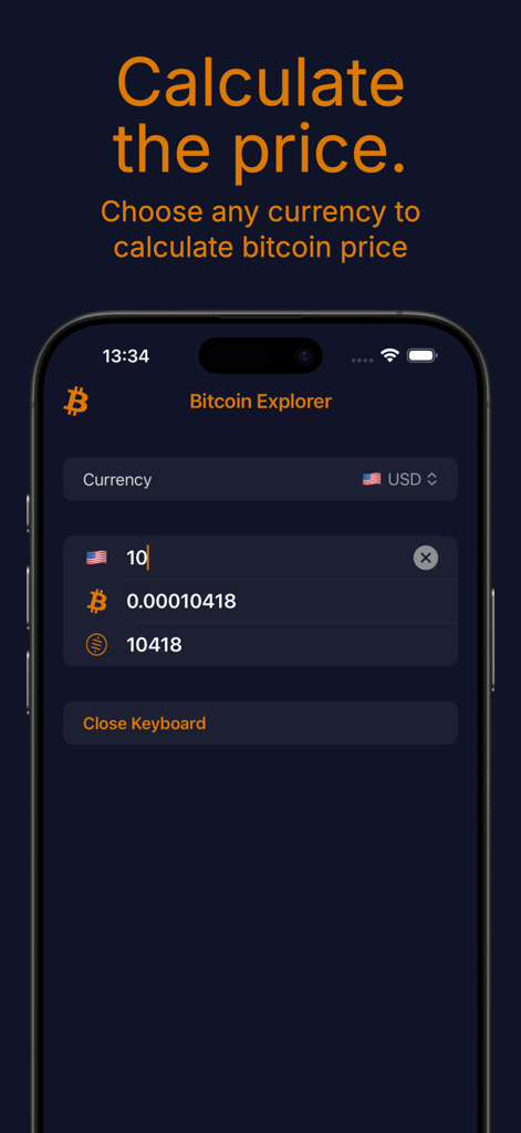 Bitcoin Blockchain Explorer - Interfaccia di un calcolatore del prezzo di Bitcoin che mostra la conversione da USD a BTC