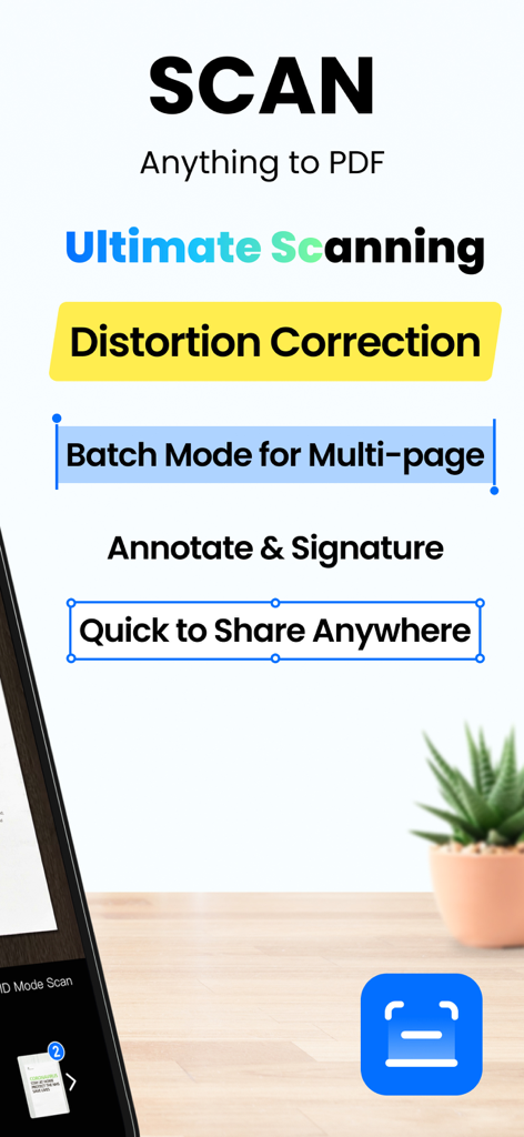 A promotional screen for LightPDF Scanner highlighting features like distortion correction and multi-page batch mode