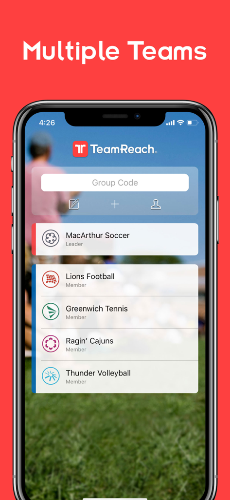 TeamReach – Your Team App - TeamReach app interface showing a list of multiple sports groups and teams