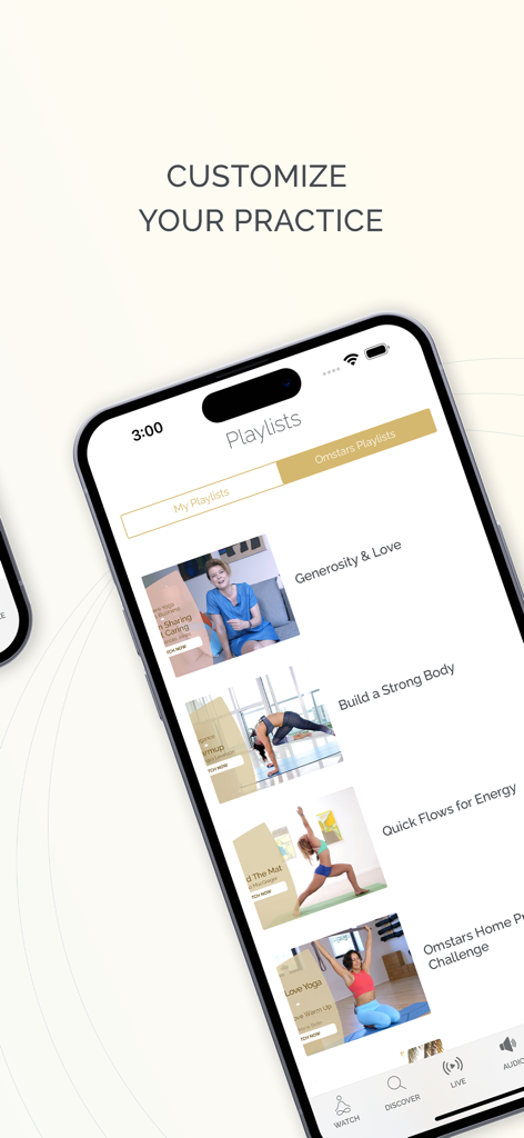 Un smartphone que muestra la pantalla de listas de reproducción de la aplicación Omstars Yoga y Meditación para personalizar tu práctica