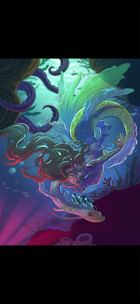 A vibrant digital illustration of a mermaid swimming in a deep sea environment with mysterious tentacles and small sea creatures
