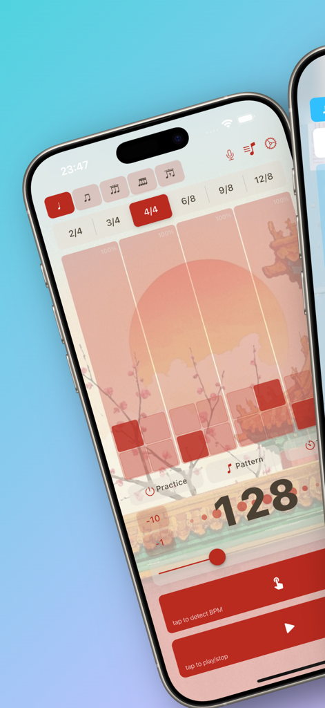 Interface de l'application Metronom affichant un tempo de 128 BPM et une mesure de 4/4 sur l'écran d'un smartphone