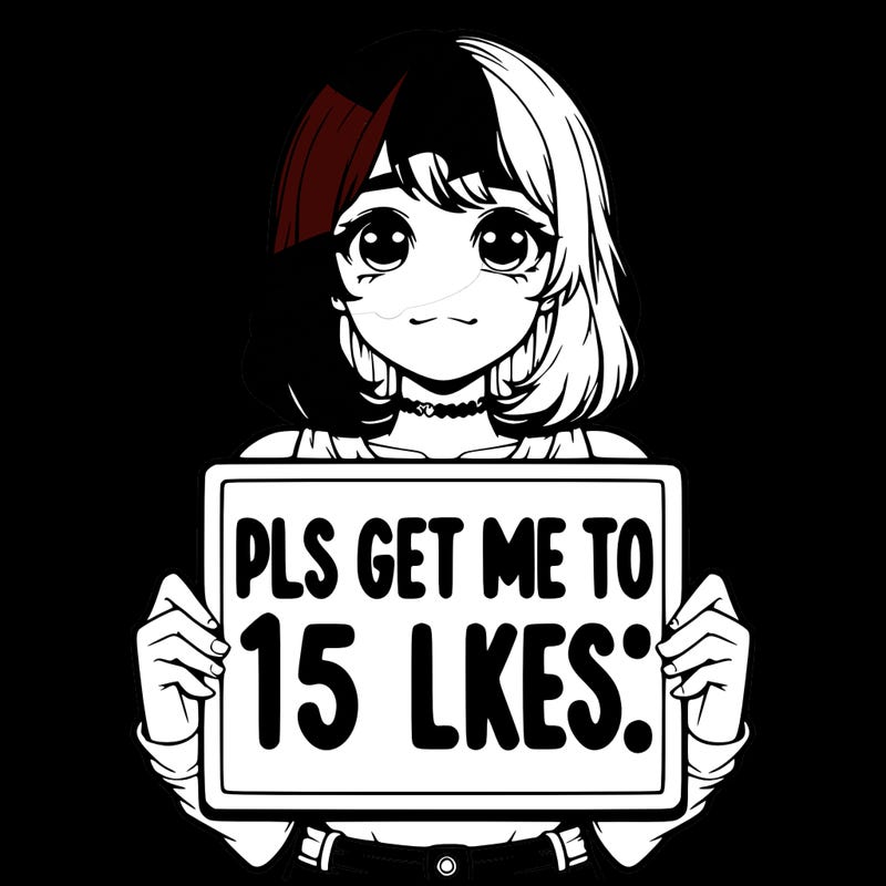realistic girl holding up a sign that says “pls get me to 15 likes!”