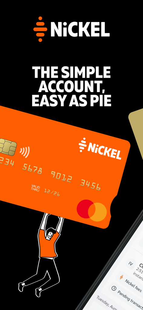 Application bancaire mobile Nickel affichant une Mastercard orange avec le texte Le compte simple comme bonjour