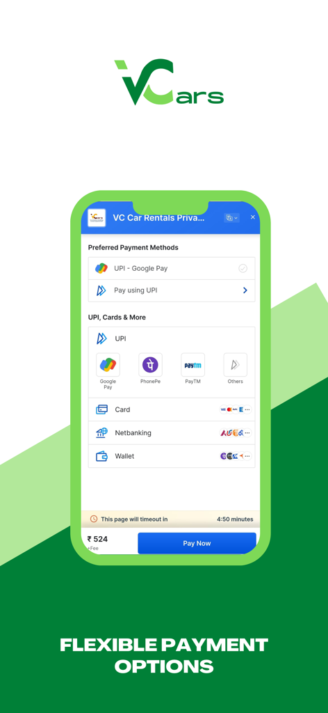 VCars - Self Drive Car Rentals - Pantalla de la aplicación móvil VCars que muestra opciones de pago flexibles que incluyen UPI, tarjetas y banca neta para alquileres de coches de auto-conducción en la India