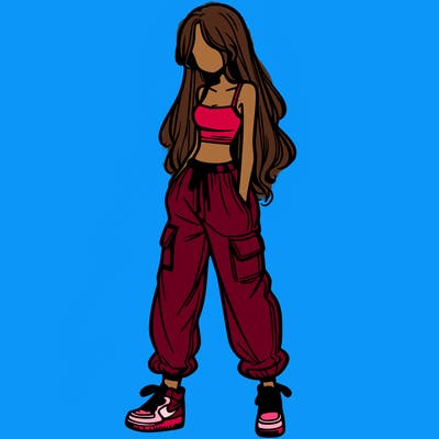girl in baggy pants crop top and long hair