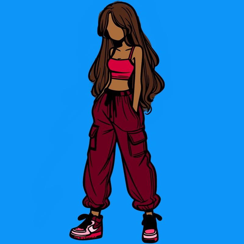 girl in baggy pants crop top and long hair