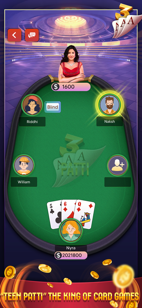 Teen Patti: Indian Poker - Gameplay screen of Teen Patti Indian Poker showing a virtual card table with player avatars and a three card hand