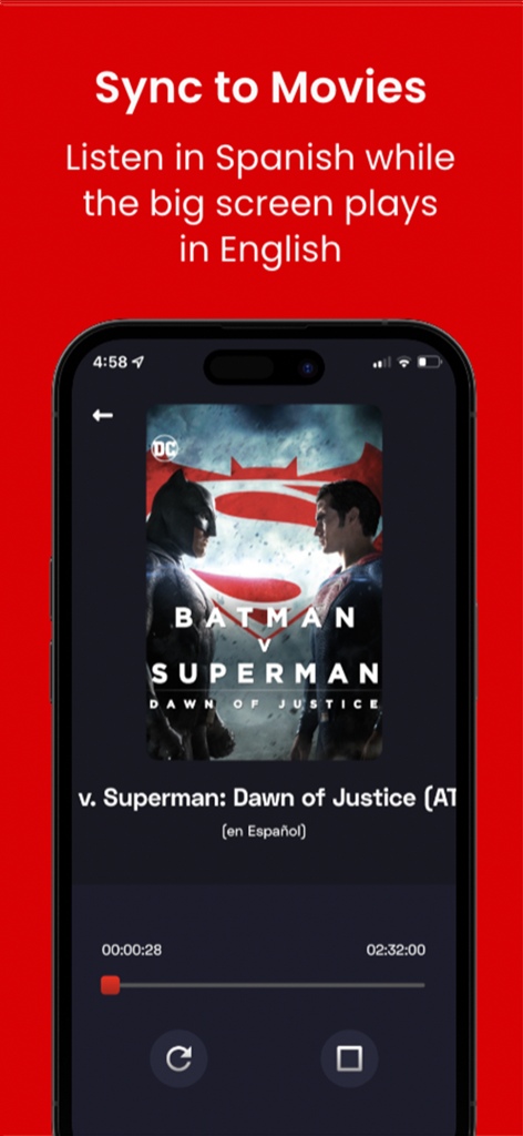 TheaterEars - TheaterEars app interface showing Spanish movie audio synchronization.