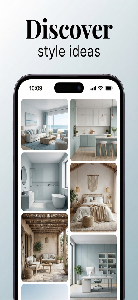 AI Home Design: Makeover,Decor - Una pantalla de teléfono móvil que muestra una variedad de ideas de estilos de diseño de interiores generadas por IA para diferentes habitaciones de una casa.