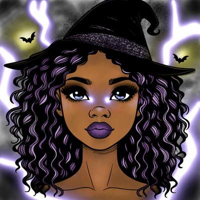 realistic black girl with wavy hair and witch hat and nose and lips