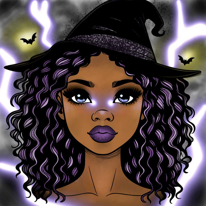 realistic black girl with wavy hair and witch hat and nose and lips