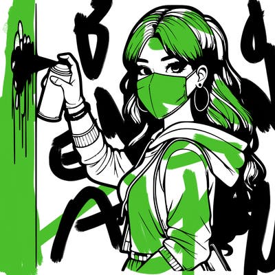 realistic girl with mask spray painting a wall