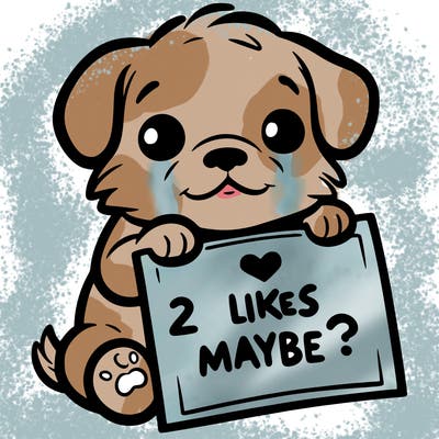 a puppy holding a sign that says 2 likes maybe?