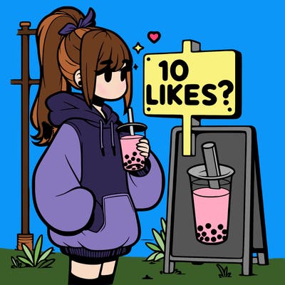 girl with oversized hoodie drinking boba and she has a high ponytail with a sign that says 10likes?