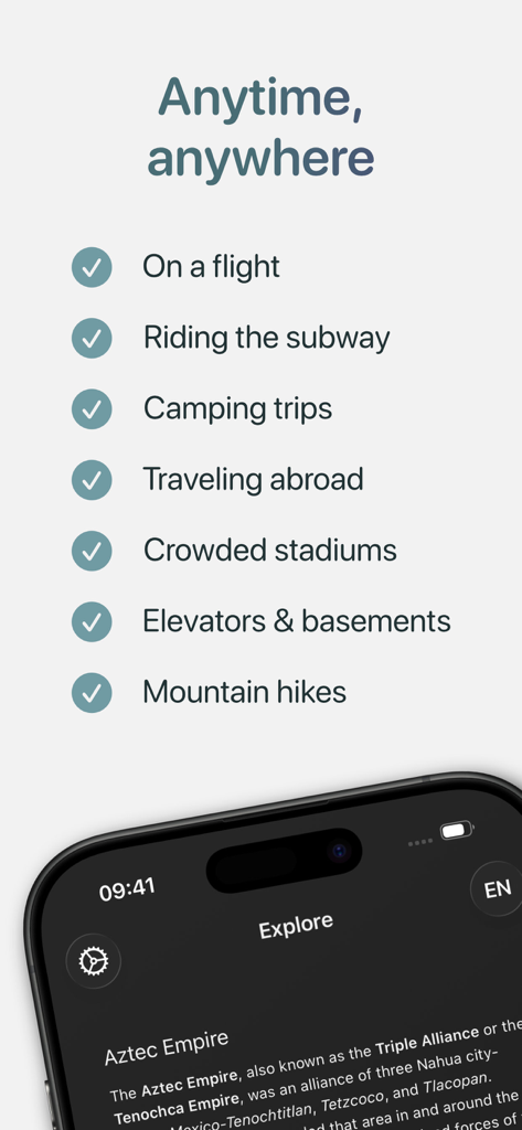 Omnipedia—Offline Encyclopedia - Omnipedia app screenshot listing various offline use cases like flights subways and mountain hikes