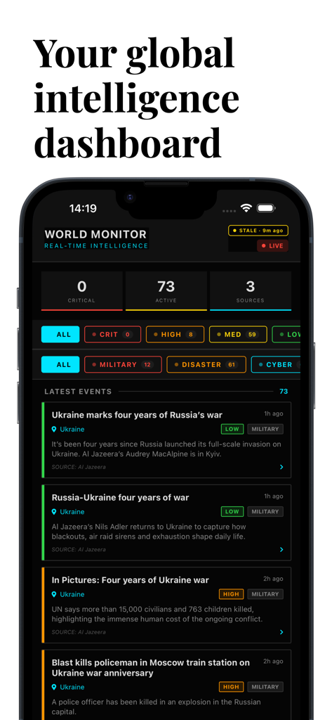 World Monitor: Real-Time Intel - World Monitor app dashboard displaying real time global news and intelligence alerts