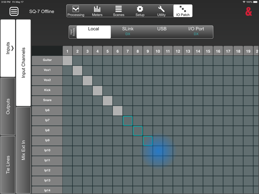 SQ MixPad - IO Patch matrix in the SQ MixPad app showing input channel routing for professional audio mixing.