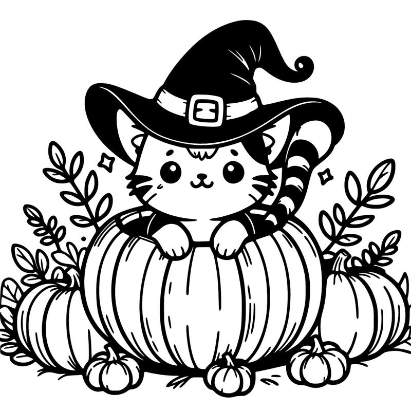 cat in a pumpkin with witch hat