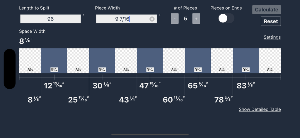 Even Spacing Calculator app interface showing a layout of five pieces distributed across ninety six inches with imperial measurements
