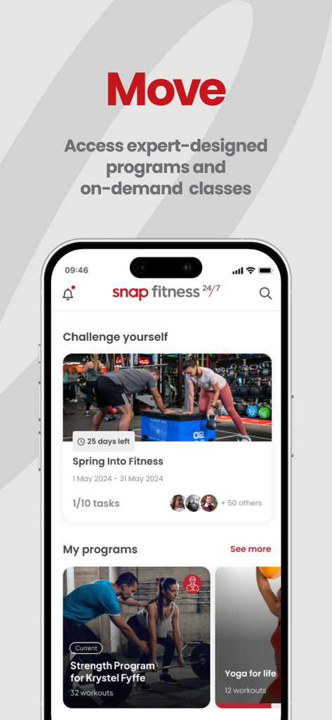 Snap Fitness - Snap Fitness app dashboard showing fitness challenges and personalized strength and yoga programs