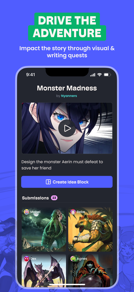 Storygrounds: Webtoons, Comics - Benutzeroberfläche der Storygrounds-App, die eine visuelle Quest zur Gestaltung eines Monsters für einen Webtoon zeigt