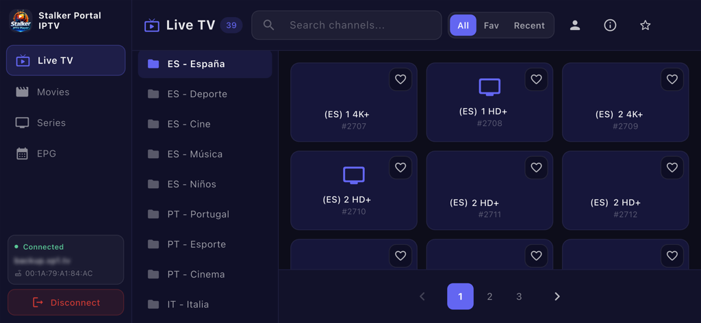 A modern dark user interface of the Stalker Portal IPTV app displaying a live TV channel grid with 4K and HD options