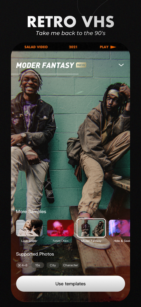 Salad Video -Video Editor - Salad Video app interface showing a retro VHS video template with 90s style filters