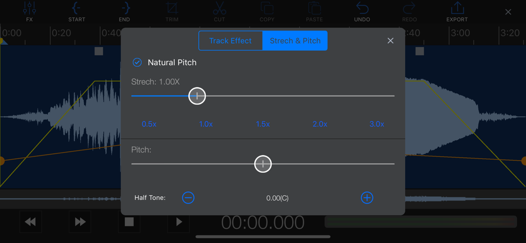 EZAudioCut app interface showing stretch and pitch adjustment sliders over a professional audio waveform editor