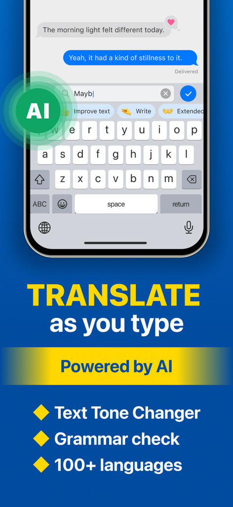 AI Translator Keyboard Instant - Mobile app interface of AI Translator Keyboard showing real-time translation as you type with grammar check and tone changer features