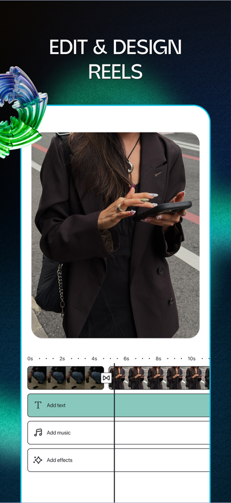 Une interface mobile de l'application Lift montrant les outils pour éditer et concevoir des reels vidéo avec du texte et de la musique