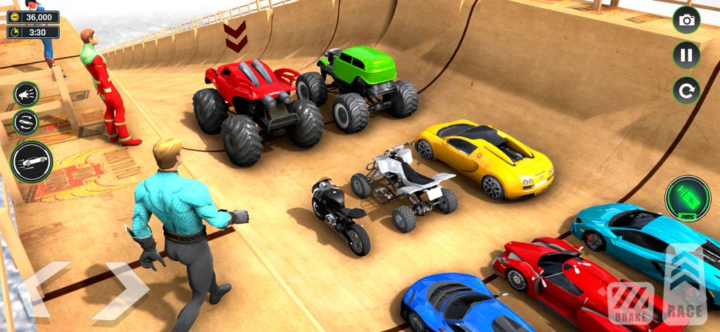 StormRide: Car Stunt Race Game - A variety of cars and monster trucks on a wooden ramp in StormRide Car Stunt Race Game.