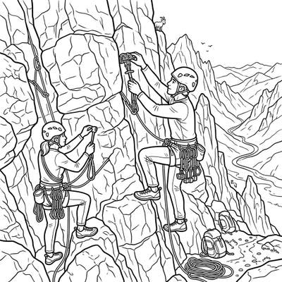 Get ready for an epic journey with our Traditional Climbers coloring page, perfect for young adventurers learning about the thrill of rock climbing. Explore a detailed scene featuring two climbers and their essential gear, set against a stunning mountain backdrop.