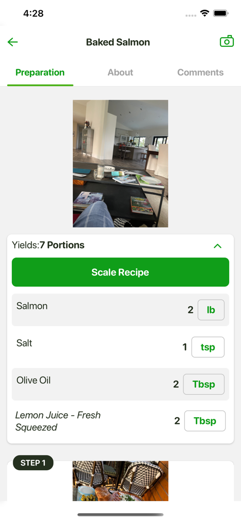 ParsleyApp - Professional culinary recipe interface showing scaling options and ingredient measurements for baked salmon