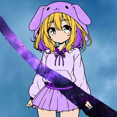 pretty anime girl wearing a fluffy hoodie with bunny ears on the hood and a skirt