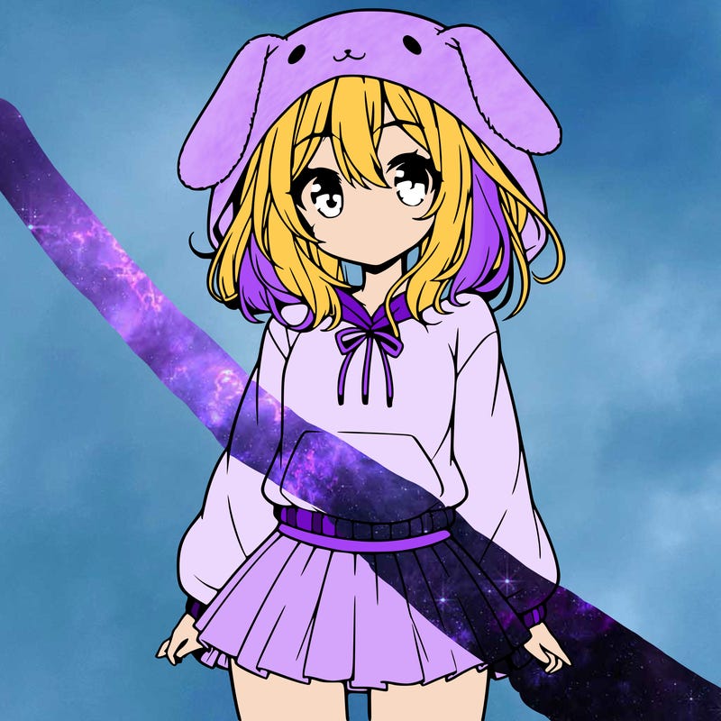 pretty anime girl wearing a fluffy hoodie with bunny ears on the hood and a skirt