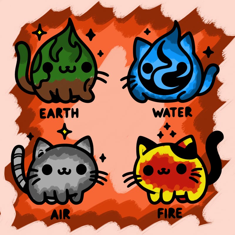 4 cats that represent the different elements, earth, water, air, and fire