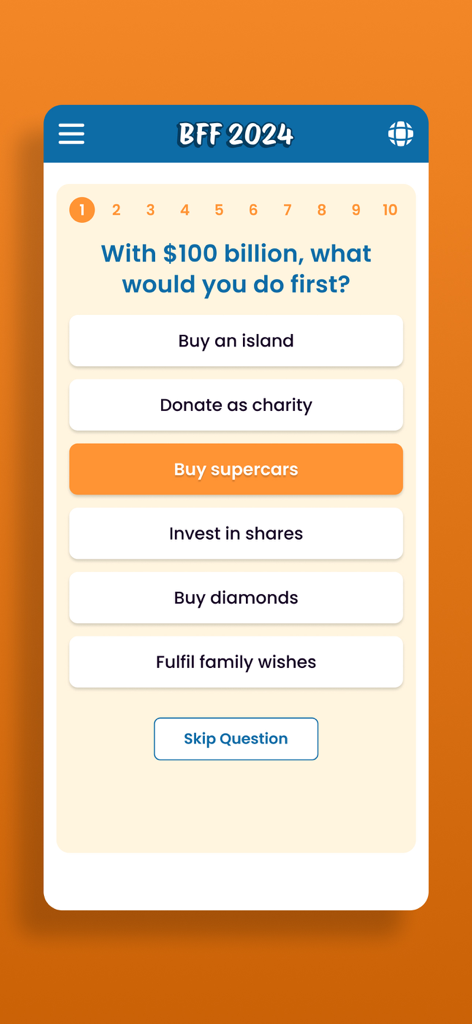 Screenshot dell'app BFF Friendship Test che mostra una domanda del quiz a scelta multipla.