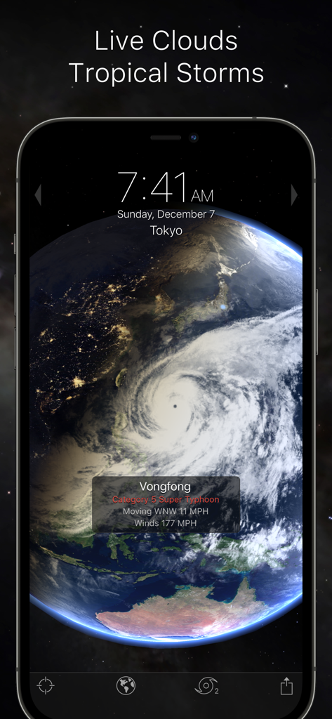 A 3D simulation of Earth on an iPhone showing a category 5 super typhoon and real-time cloud patterns.