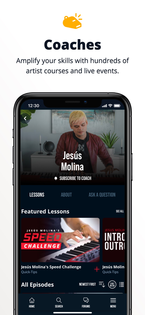 Musora app interface showcasing professional music coaches and featured piano lessons by artist Jesus Molina.