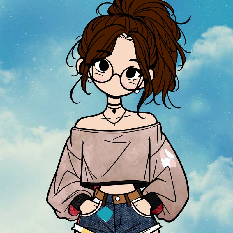 girl with a messy ponytail glasses a baggy crop top and jean shorts